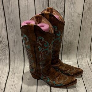 Circle G Brown and Teal Embroidered Heeled Boots cowgirl boot size 7.5 western